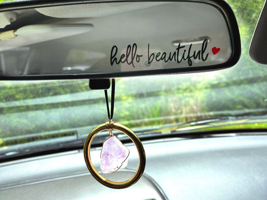 Hello Beautiful Rearview Mirror Decal with Heart | Rearview Mirror Sticker | Affirmation Sticker