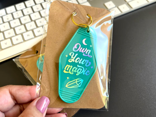 NEW! Own Your Magic Hotel Keychain Inspiring Gifts for her Self-Love Gifts for BFFs Teal Car Accessories Motivational Key Chain